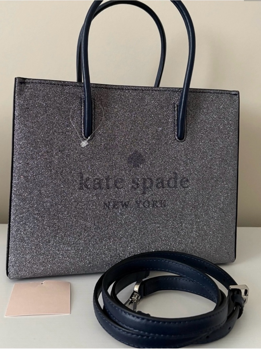 kate spade Silver Glitter tote with Navy Handles